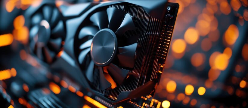 Close-up of a black graphics card with a cooling fan, against a blurred background of orange lights.