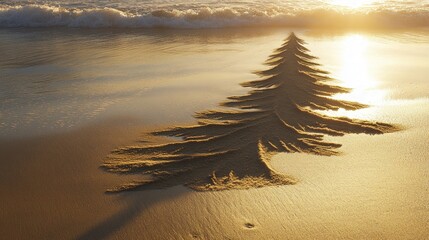 A Christmas tree made of sand on a beach at sunset.