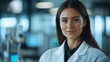 © VIK - A Hispanic woman wearing a scientist's uniform stands in a laboratory with her arms crossed