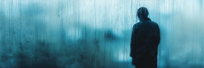 Aufkleber - Raindrops trace down the glass as a lone figure stands in quiet reflection, enveloped in a melancholic, moody atmosphere. Generative AI