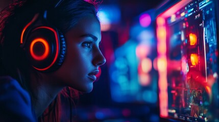 Poster - A woman wearing headphones is looking at a computer screen