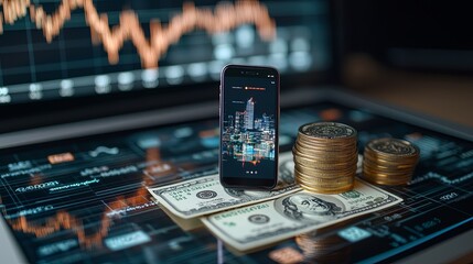 Smartphone and Cash on Stock Market Background