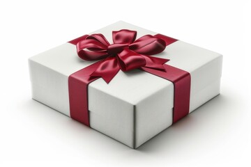 White gift box with red ribbon on white insulated background