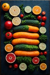 Wall Mural - Different fresh fruits and vegetables flat lay on table top various fresh vegetables organic for eating healthy and diet fruits beautiful