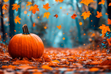 Wall Mural - An illustration for the autumn festival. Pumpkin in different angles, whole ripe pumpkin, sliced pumpkin, pieces. An orange beauty in leaves.