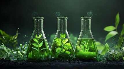 on a green background, a biology laboratory shows a plant with a biochemistry structure and chemical