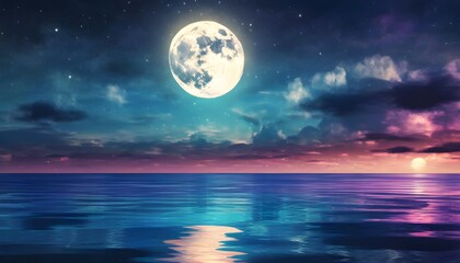 Sticker - Enchanting night sky with a full moon illuminating a tranquil ocean, reflecting light on still waters amidst stars and clouds