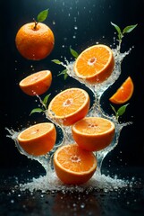 Wall Mural - Fresh orange fruit whole and slices with leaves and drops falling flying fruits beautiful