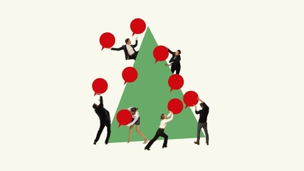 Wall Mural - Business professionals collaboratively placing red speech bubbles, resembling ornaments, on large green Christmas tree. Teamwork, communication, and growth. Stop motion, animation. Business concept
