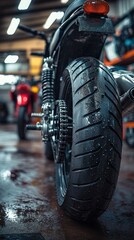 Rear tire of a black motorcycle with a blurred background of a motorcycle repair shop.