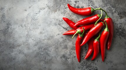 A bunch of spicy red chili peppers sit on a rough, gray surface.