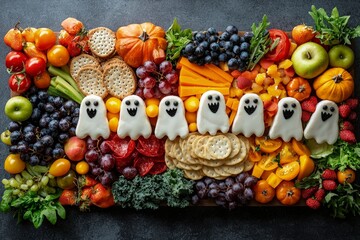 top view of Halloween board with assortment cheeses, crackers, meat and fruit pieces. traditional celebration October feast.