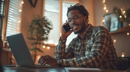 Poster - A man is talking on his cell phone while sitting at a desk with a laptop