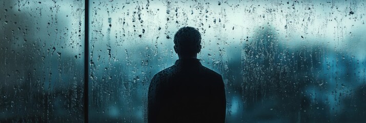 Aufkleber - A person stands by a rain-streaked window, deep in thought amid the soft blue and grey hues, enveloped by a sense of solitude and contemplation. Generative AI