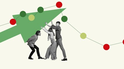 Wall Mural - Three people, colleagues carrying Christmas tree connected with graph. Teamwork, growth and efforts. Stop motion, animation. Concept of business, progress, achievement, holiday season