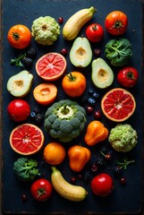 Wall Mural - Colorful assorted fruits and vegetables, dark background, overhead view, vibrant colors, fresh produce, artful arrangement, grapefruit halves, avocado, tomatoes, banana, artichoke, squash, citrus, app