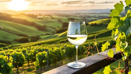 Wall Mural - Sunset view of a vineyard with a glass of white wine resting on a railing