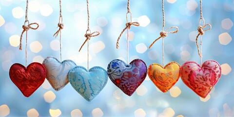 Bunch of colorful hearts hanging on strings, love and decoration, with copyspace