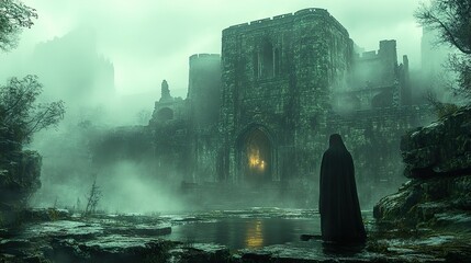 Sticker - Mysterious Castle Ruins in Foggy Landscape