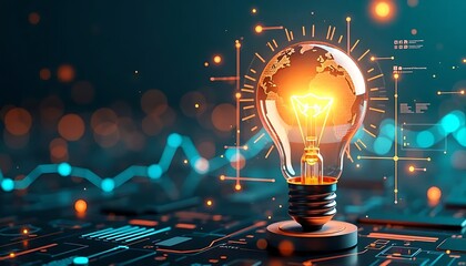 Poster - Digital Illustration of a Glowing Light Bulb Surrounded by Technological Elements Symbolizing Innovation and Ideas