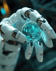Poster - A futuristic robot hand holding a glowing orb, showcasing advanced technology and innovation. Perfect for illustrating concepts of AI and robotics.