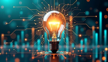 Poster - Digital Illustration of a Glowing Light Bulb Surrounded by Technological Elements Symbolizing Innovation and Ideas