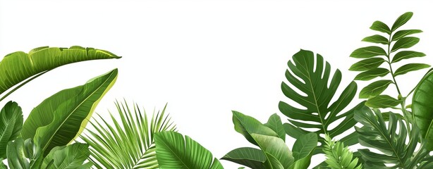 Wall Mural - A lush green tropical plant bush (monstera, palm, rubber plant, pine and fern), cut out from the ground