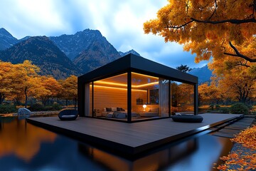 Poster - 3D digital autumn cabin, where users can walk through the virtual space, surrounded by autumn trees and mountains, experiencing a peaceful mountain retreat