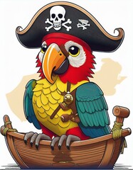 A colorful cartoon parrot dressed as a pirate, complete with a pirate hat and sitting in a wooden boat, exuding a cheerful and adventurous vibe.