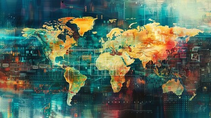 Canvas Print - Creative artwork of a computer interface overlaying a colorful world map as a digital perspective