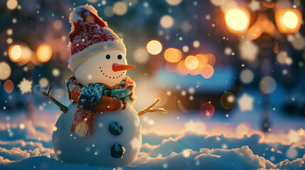 snowmaA cute snowman in a winter scene with soft glowing lights in the background, wearing a festive hat and scarf, surrounded by falling snow. Cozy holiday vibe.n on the background of the snow