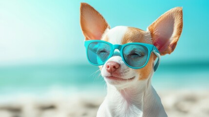 Chihuahua posing in sunglasses on a beach