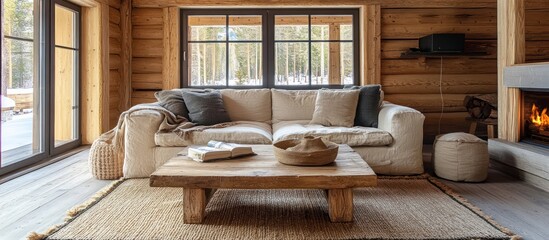 Wall Mural - Cozy living room with a large white sofa, wooden coffee table, and a fireplace in a cabin with a view of snow-covered trees.