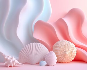 Poster - Elegant arrangement of pastel seashells against soft textured waves in pink and blue, evoking tranquility and coastal charm.