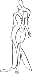 Wall Mural - Elegant Woman Silhouette Line Art Drawing. Vector Minimal Female Figure One Line Art. Elegant Female Portrait Linear Silhouette. Woman Sketch Illustration. Trendy Contour Drawing for Fashion Design