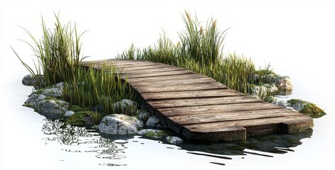 There is a wooden walkway leading to a small island with trees that has been cut out of it