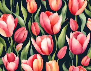 Wall Mural - Watercolor seamless tulip flowers background