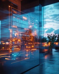 Poster - A modern tech interface displayed on a glass surface, illuminated by vibrant colors, showcasing the future of digital innovation.
