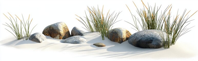 Along a sandy beach, a natural rock formation with lush vegetation is cut out