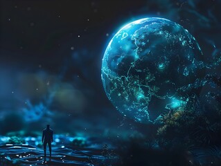 Wall Mural - glowing bioluminescent planet earth in cosmic atmosphere with serene landscapes