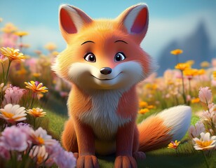 Sticker - A Cartoon Fox in a Meadow of Flowers During Springtime