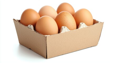 A carton pack filled with fresh organic chicken eggs is shown on a white background with ten brown eggs exposed in an open box.