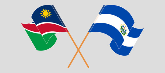 Crossed and waving flags of Namibia and Republic of El Salvador. Vector illustration