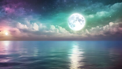 Wall Mural - Enchanting moonlit night over tranquil sea with glowing clouds and shimmering stars