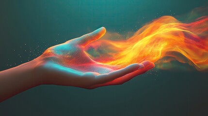 Poster - a hand emerges with vibrant flames flowing from its palm, showcasing the dynamic interplay of light 