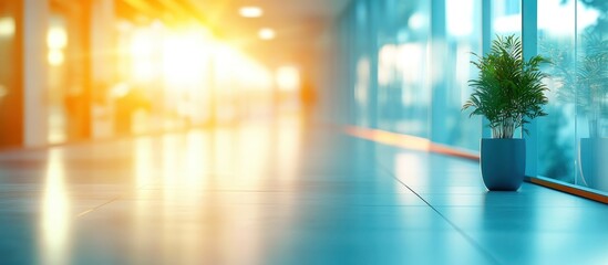 Canvas Print - A potted plant sits on a blue tiled floor in a bright office building with a window in the background.