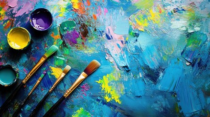 Poster - Bright splashes of color adorn the canvas as brushes mix paints, capturing creativity and artistic expression in the studio. Generative AI