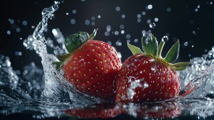 Black Background with Blue Bokeh Light of Two Strawberries Splashing into Water