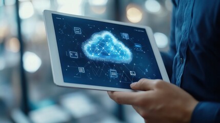 Poster - A person holding a tablet displaying a digital cloud network interface.