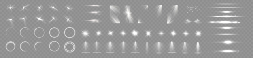 Light effects. Isolated white transparent light effects, glare, explosion, sparkle, dust, line, solar flare, spark and stars, spotlight, curve rotation. Sunlight, abstract special effect.